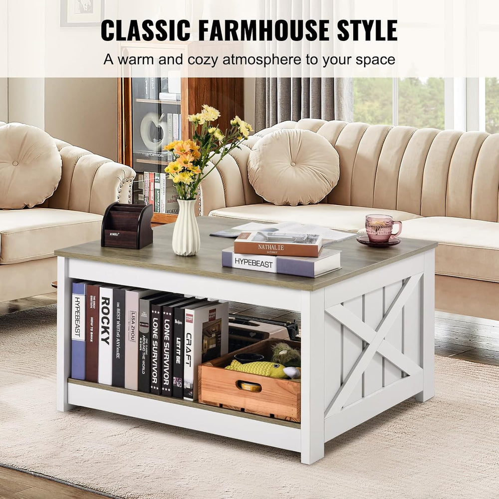 VEVOR 31.5" Farmhouse Coffee Table, Square Coffee Table with Open Storag...