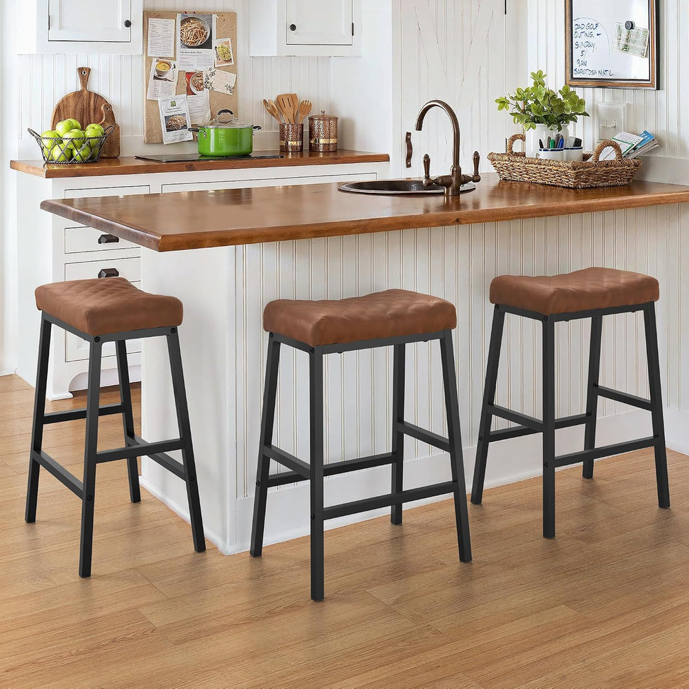 Counter Height Bar Stools Set of 3, Saddle Seat, Brown
