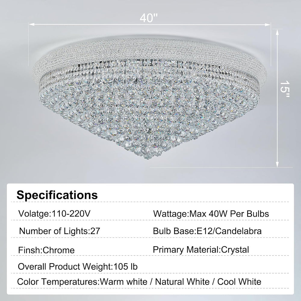 27-Light 40 inch Large Crystal Chandelier Flush Mount Ceiling Light Fixture f...