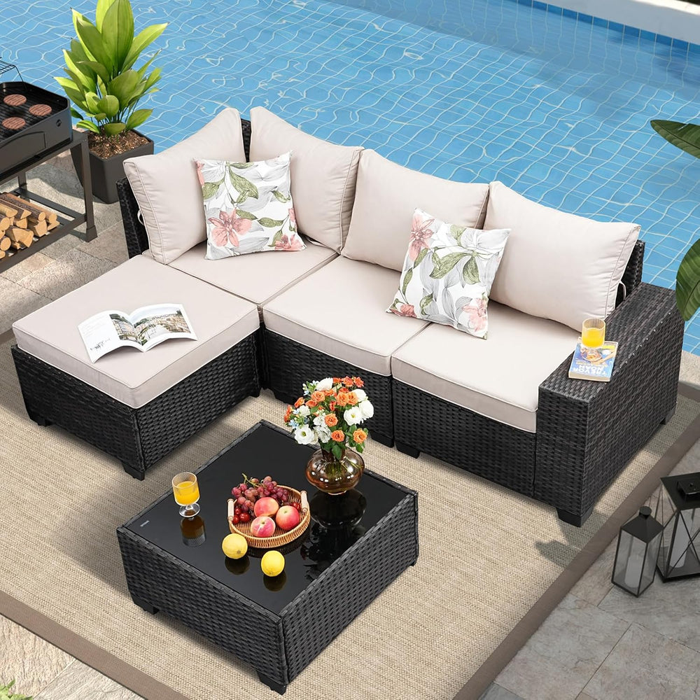 5 Pieces Outdoor Patio Furniture Set, Wicker Conversation Sets with Tea Table...