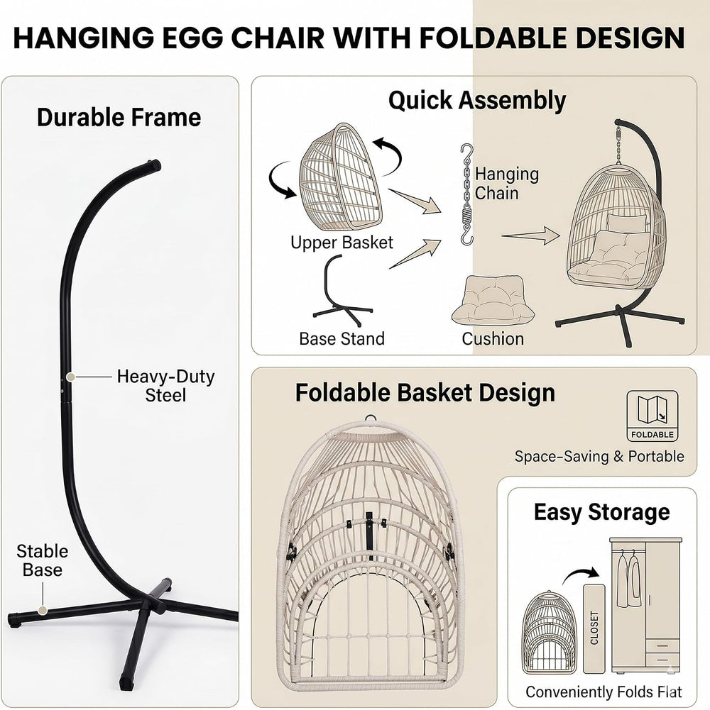 Foldable Hanging Egg Chair with Stand, HDPE Rattan and Heavy Duty Aluminum-St...