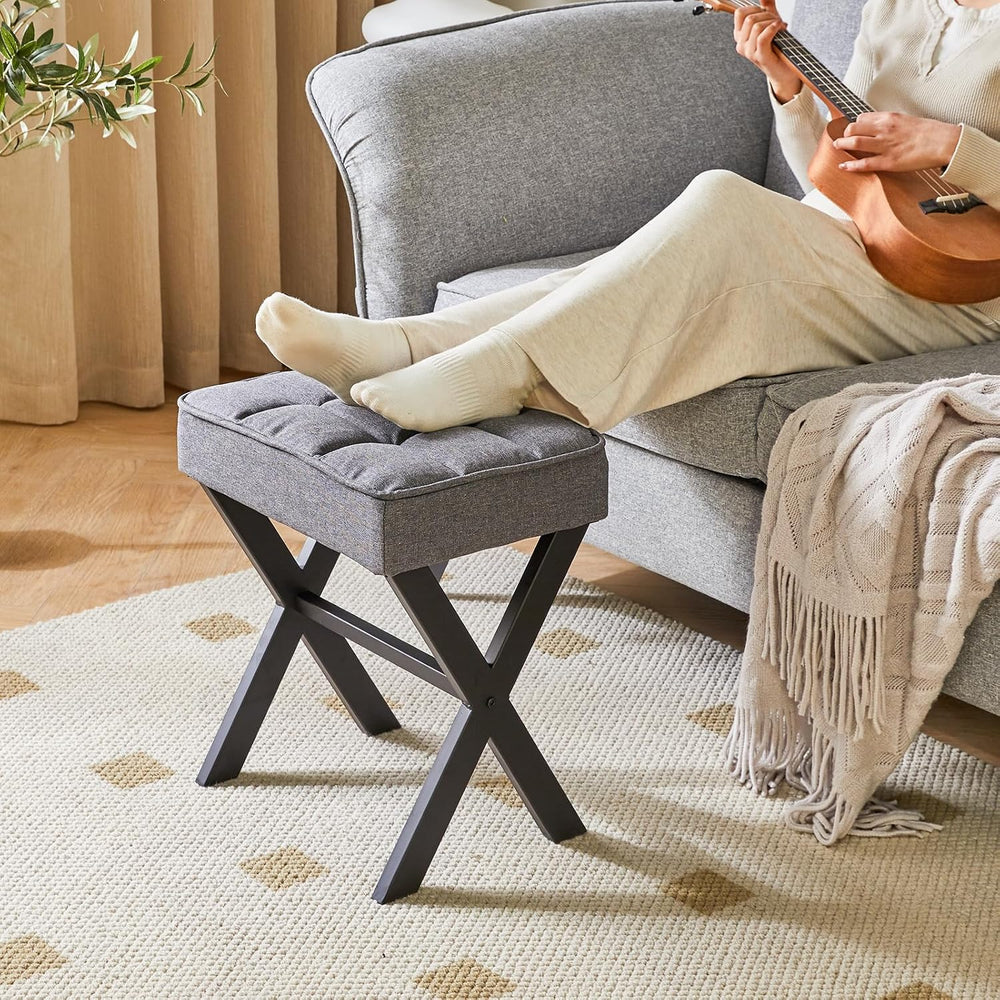 IBUYKE Square Makeup Stool with X-Leg, Linen Vanity Chair, Dark Gray LG-70G