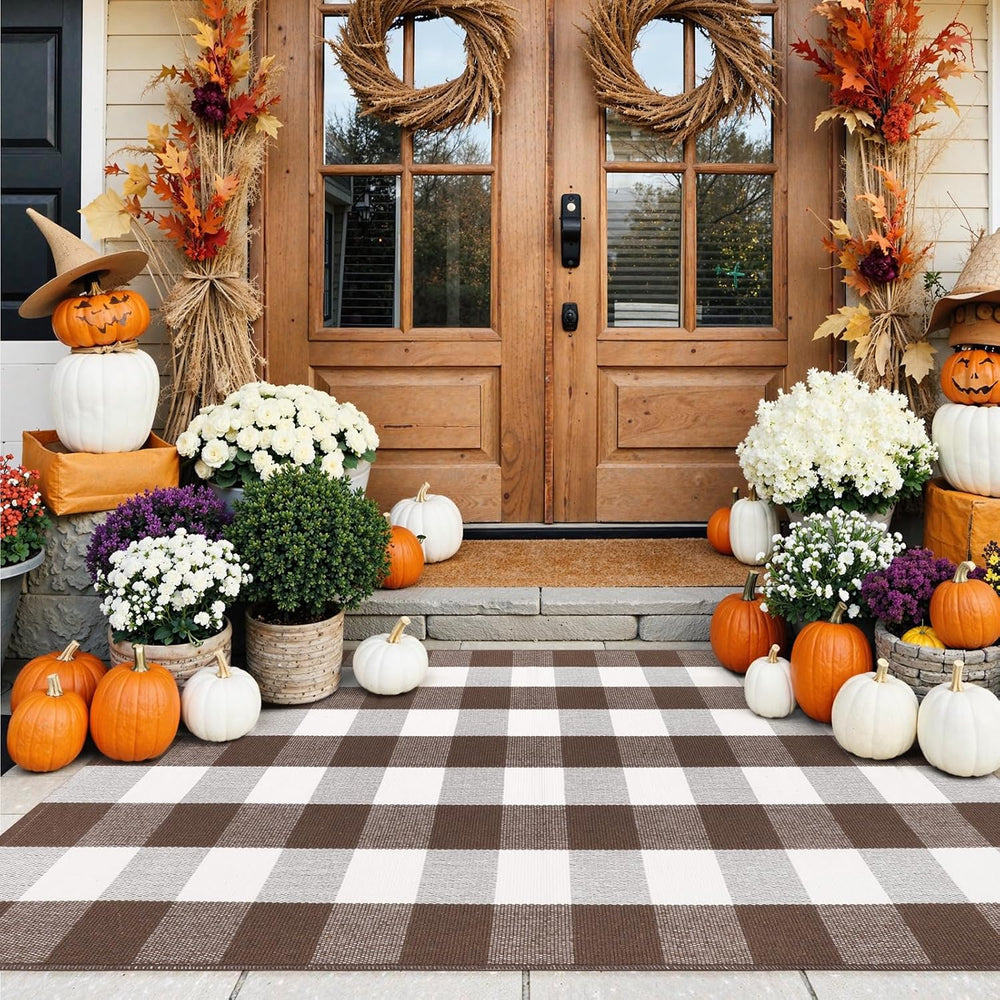 KIMODE Fall Decor Front Door Mat Buffalo Plaid Outdoor Front Porch Rug
