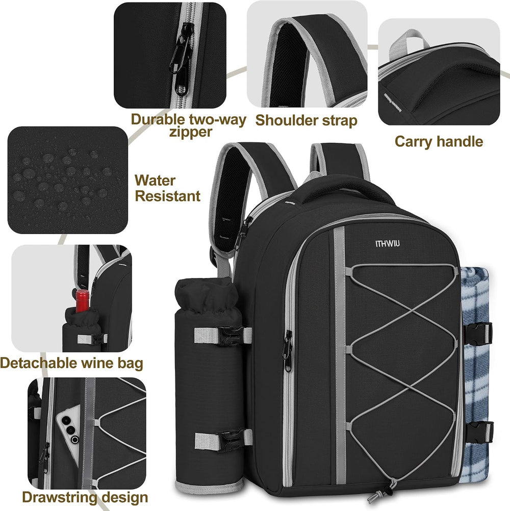 Picnic Backpack for 4 Persons with Insulated Leakproof Cooler Compartment, Cu...