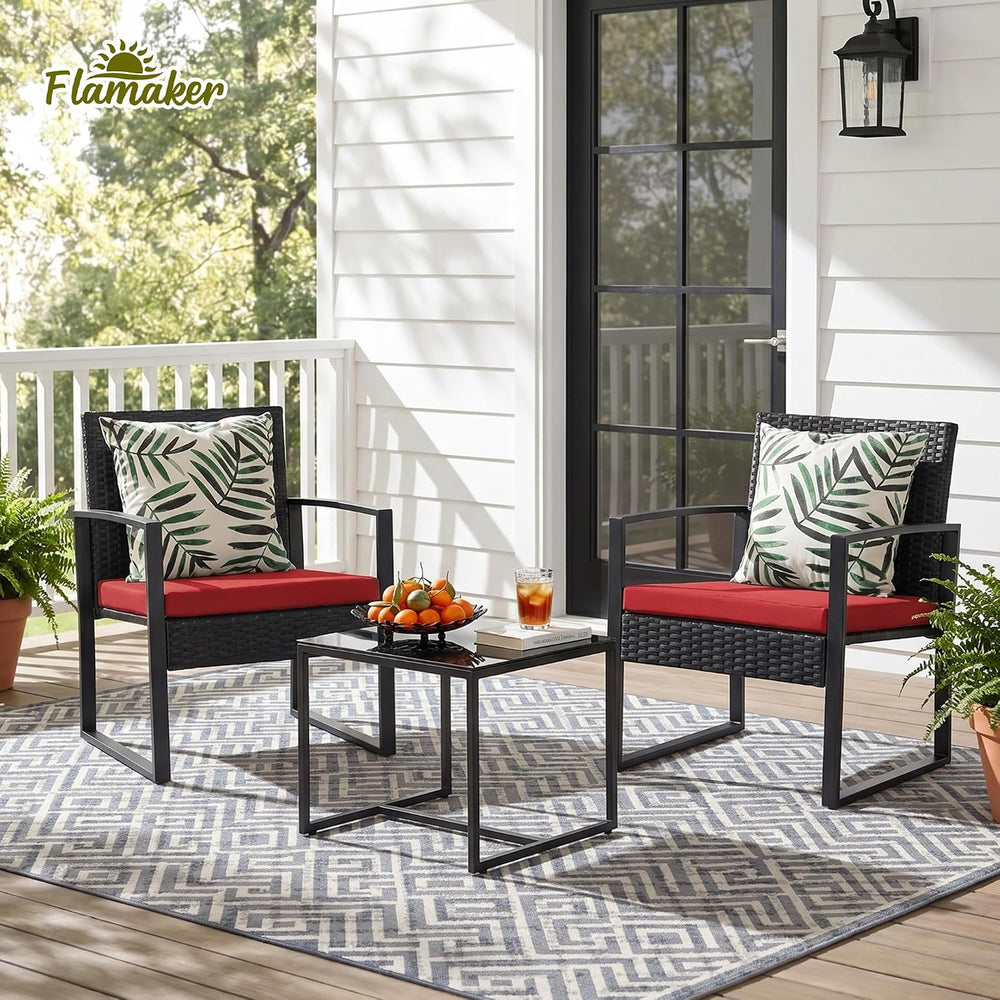 Flamaker 3 Pieces Patio Furniture Set Outdoor Wicker Bistro Chair (Red)