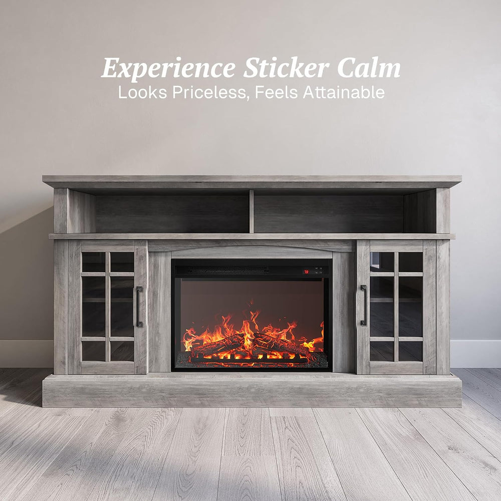 BELLEZE Astorga 58" TV Stand with 23" Electric Fireplace - Grey Wash