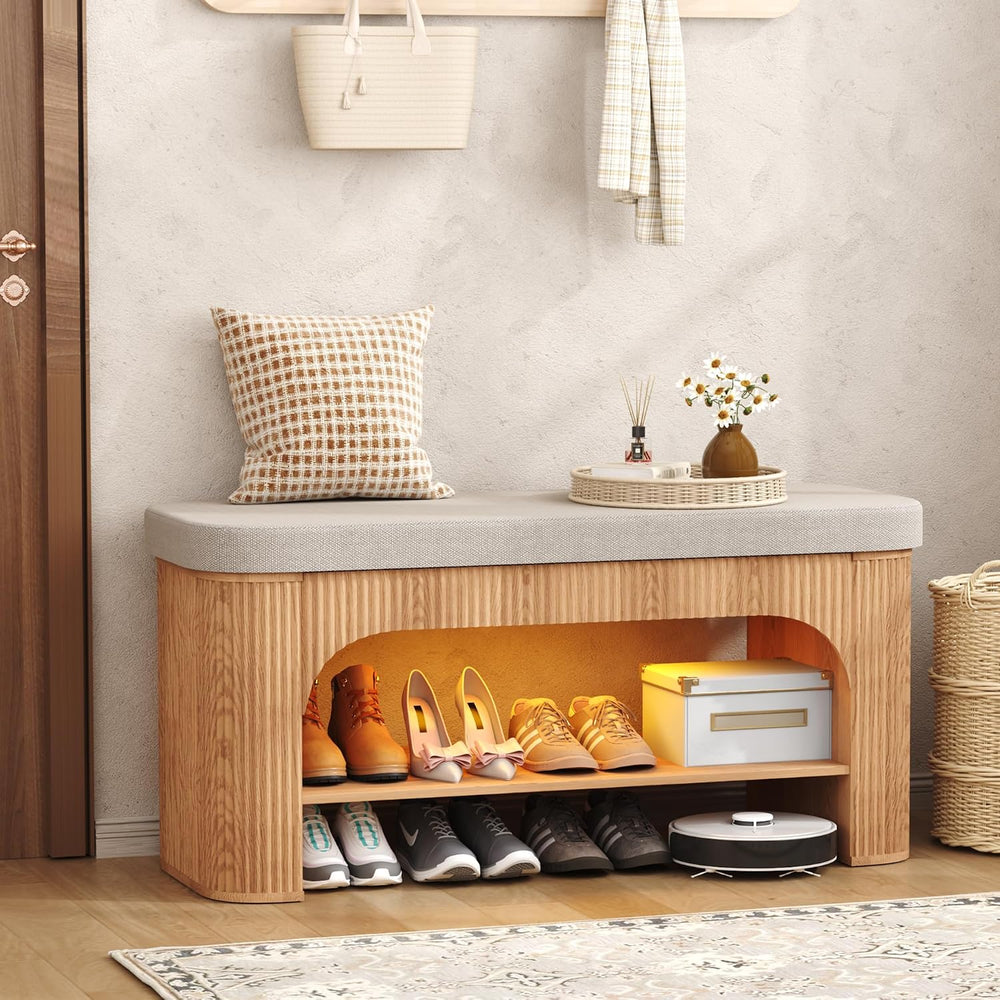 HOMEFORT 40.2" Fluted Storage Bench with Built-in LED Light, Flip-Top Sh...