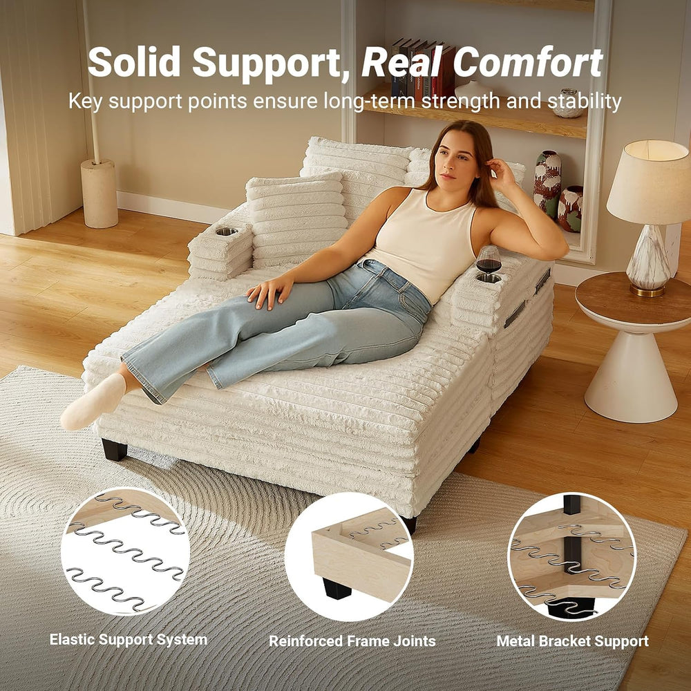 Amsleekey 64" Oversized Chaise Lounge Chair with Wood Frame, 2 Cup Holders