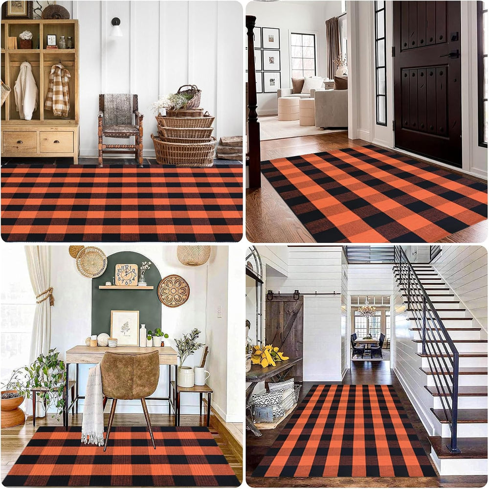 Fall Door Mat Orange and Black Plaid Rugs, 3'x5' Area Rug Outdoor Ind...