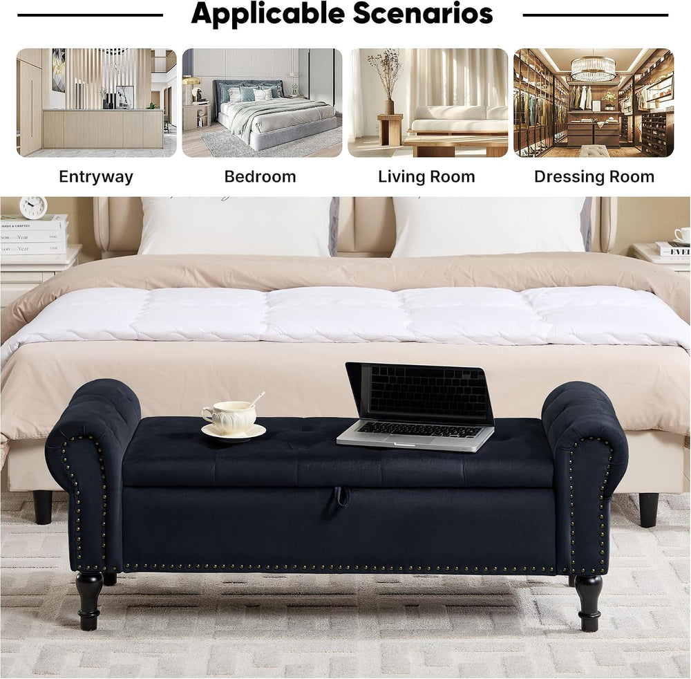 Storage Bench for Bedroom, 51" Upholstered End of Bed Bench, Velvet Quee...