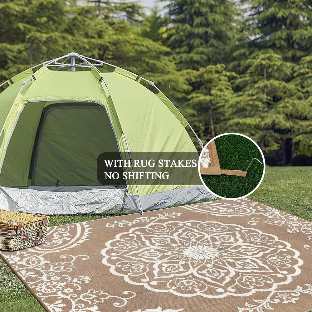 Pauwer Outdoor Rug 8x10, Waterproof Plastic Straw Camping Rug, Boho Brown