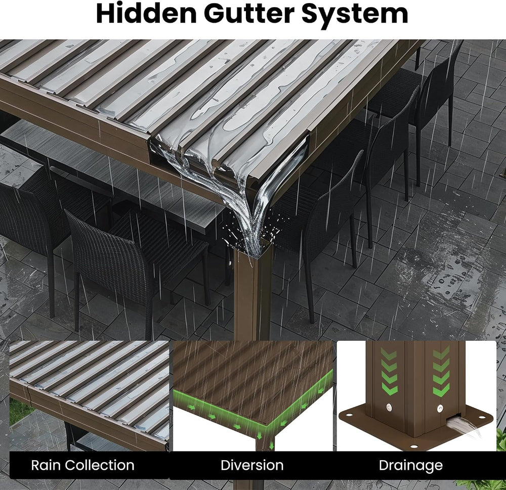 Domi Louvered Pergola 10x12, Outdoor Metal Pergola, Espresso Brown