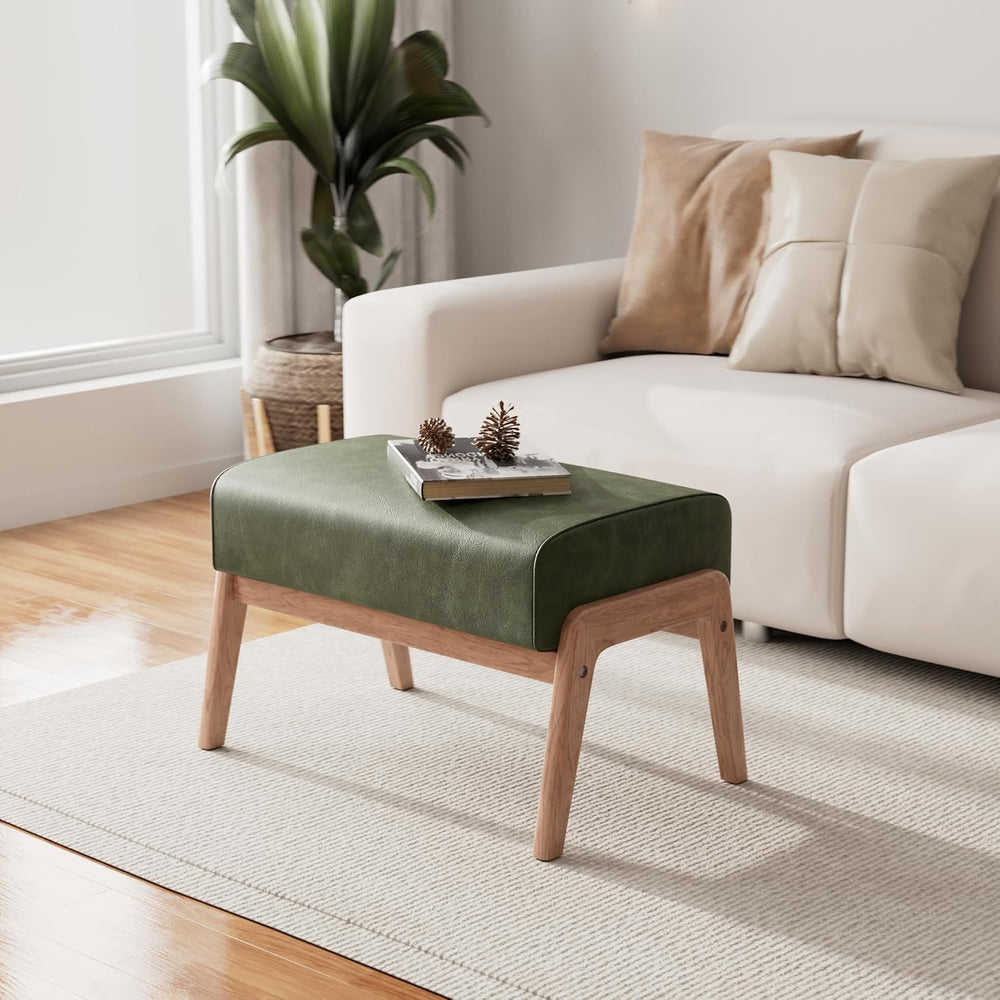 Modern Ottoman Foot Stool, Faux Leather Accent Sofa Footrest with Walnut Rubb...
