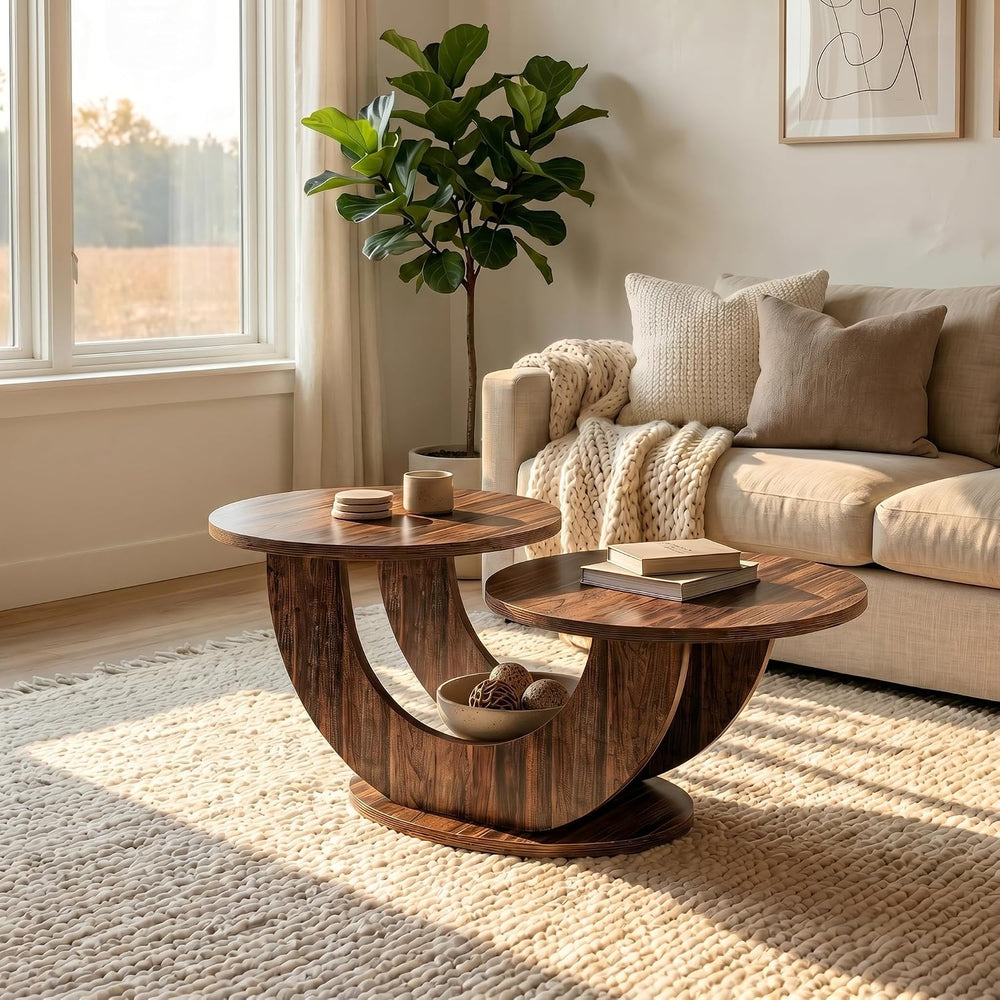 Tribesigns 45.3" Round Wood Coffee Table, 2-Tier Farmhouse Center Table