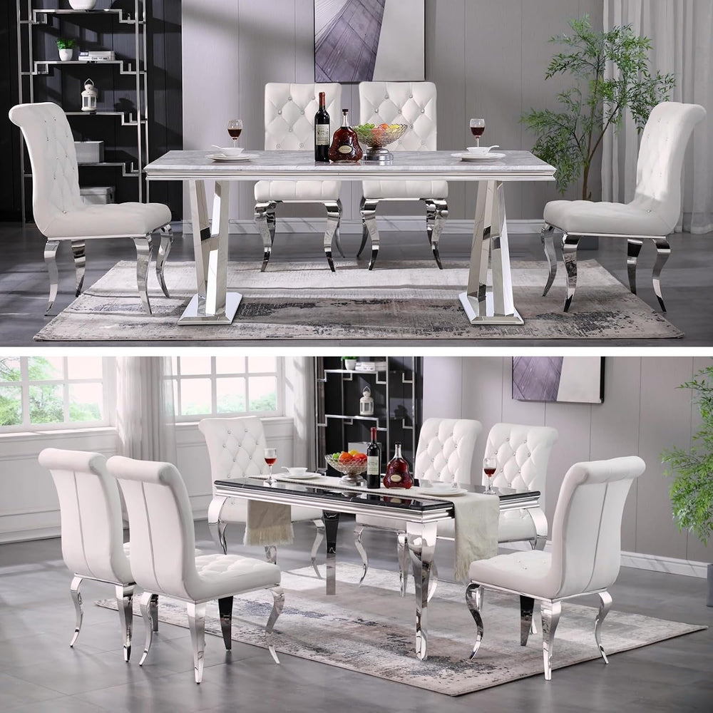 White Velvet Dining Chairs with Silver Mirrored Legs, Set of 6
