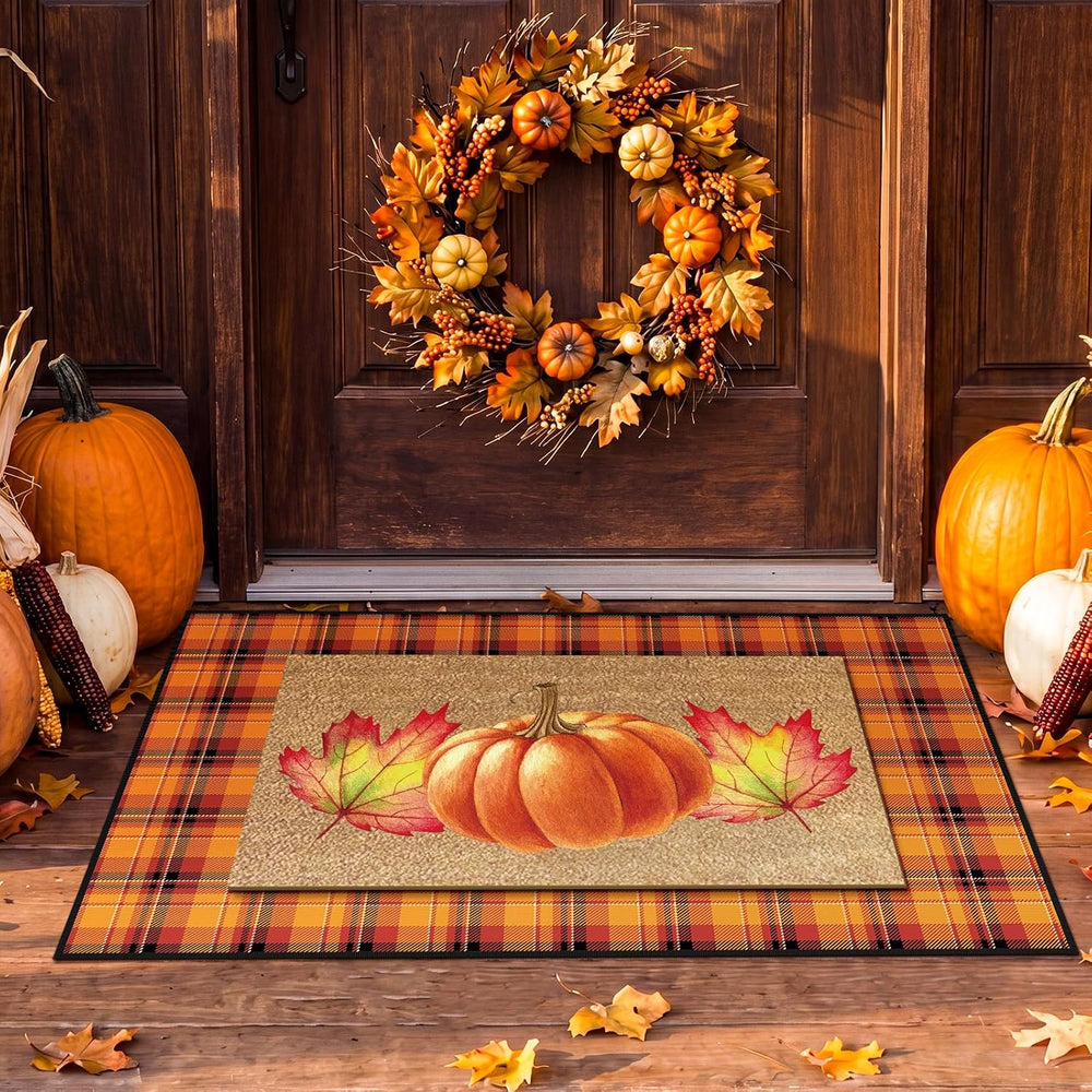 Fourluoo 2 Pcs Fall Door Mat Set Buffalo Plaid Pumpkin Decor