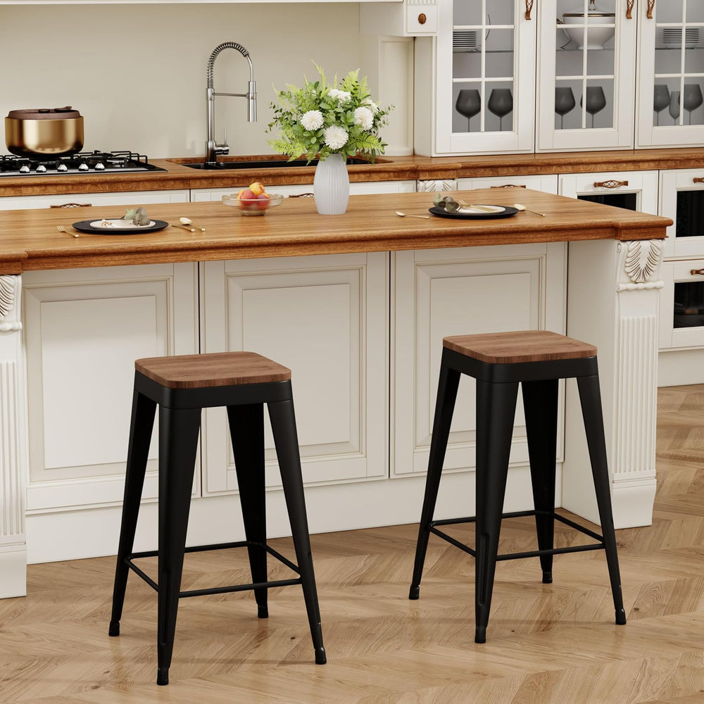 24" Metal Bar Stools Set of 4 Black Counter Height Stools with Wood Seat...