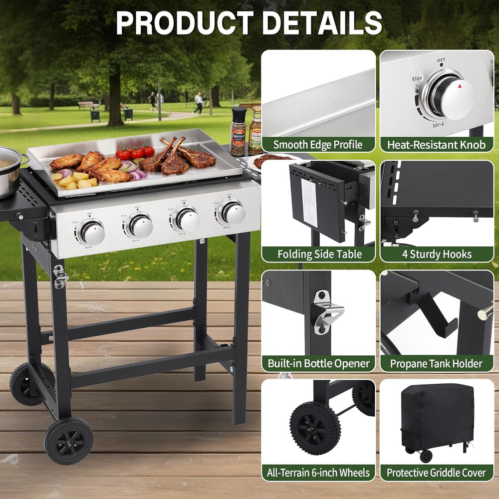4-Burner Flat Top Grill with Folding Side Tables, 40,000 BTU