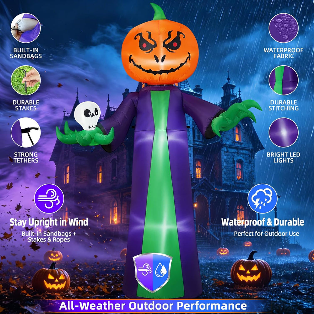 Halloween Inflatables 8FT Giant Pumpkin Monster with 180° Rotating Head &...