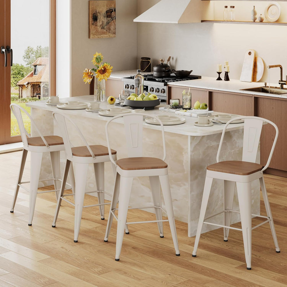 Andeworld Metal Bar Stools Set of 2, 26" Counter Height with Back,Off White