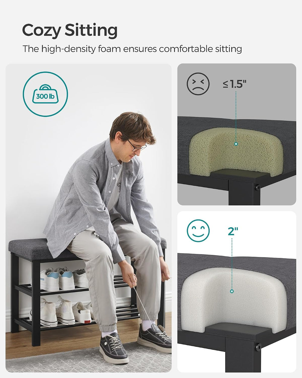 SONGMICS Shoe Bench, Storage Bench, Entryway Bench with Cushion