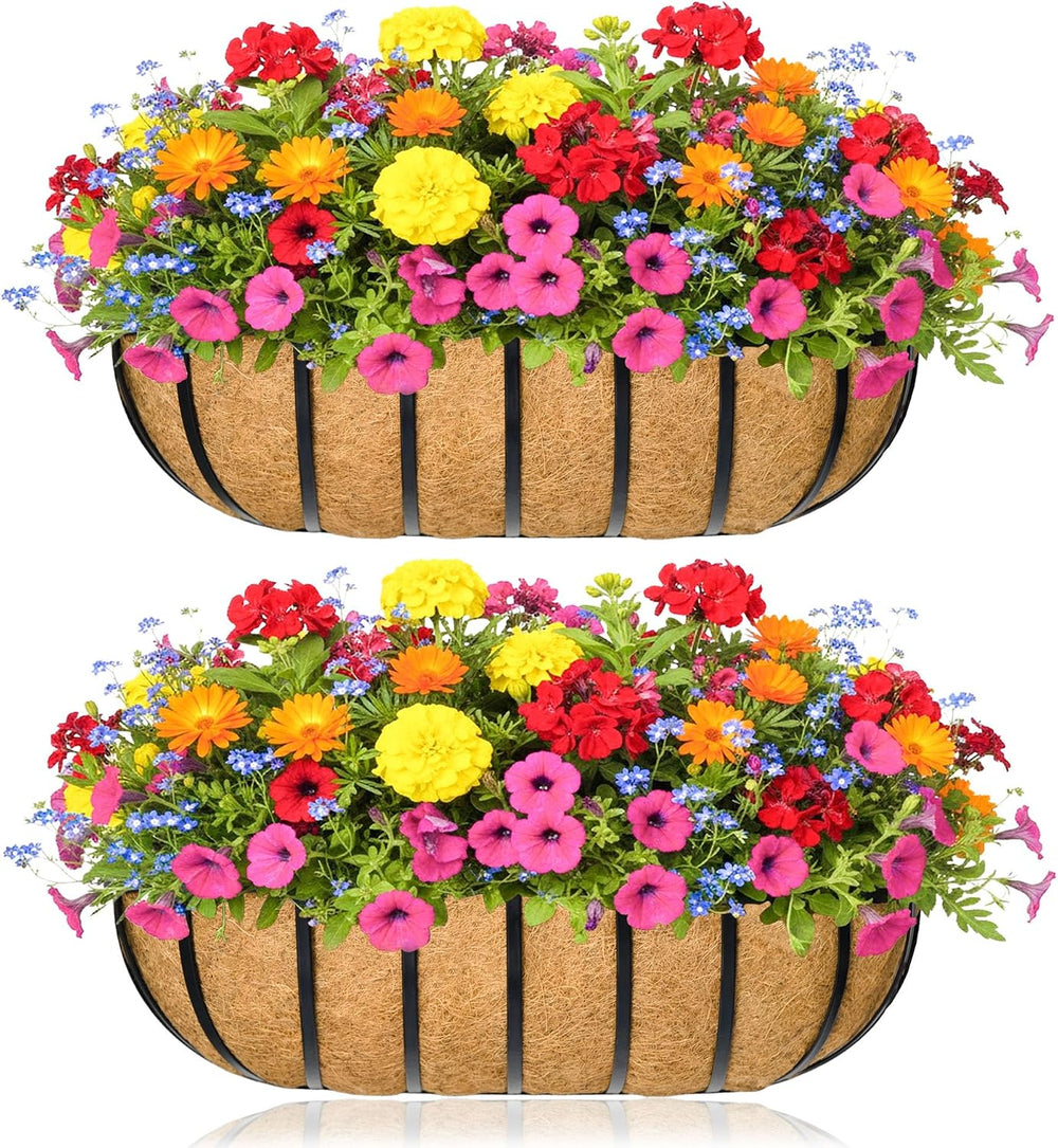 Window Box Railing Planter with Coco Liner 2 Pack 16 Inch Metal Hanging Flowe...