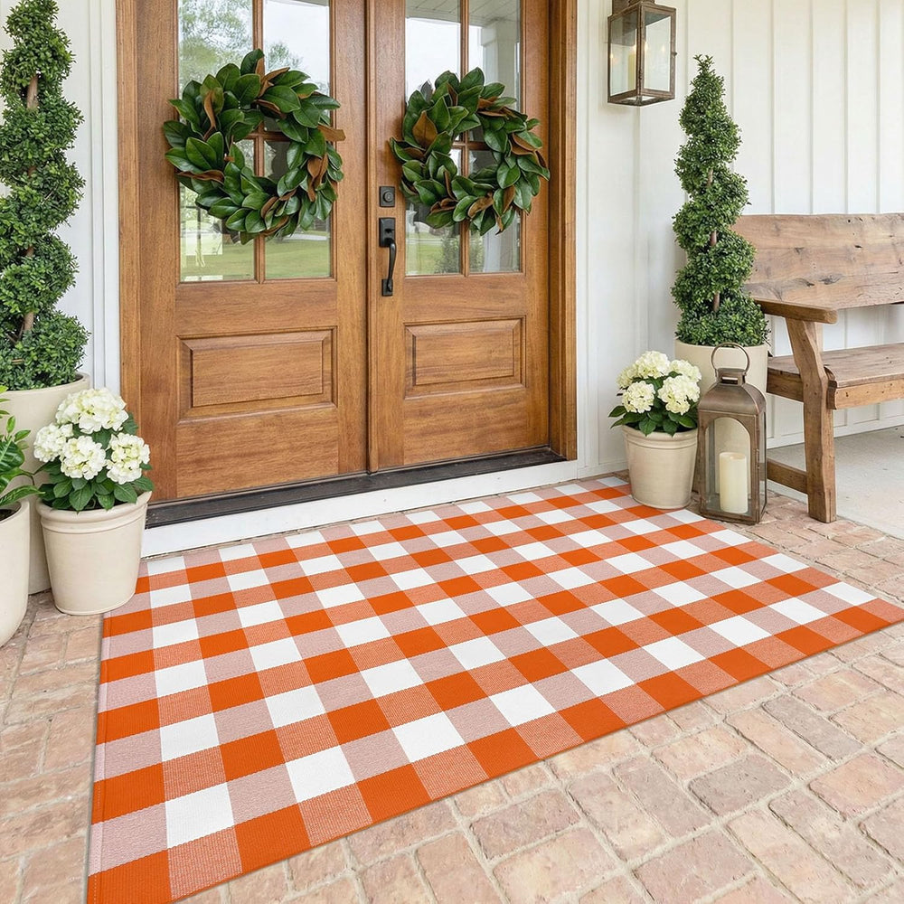 KOZYFLY Buffalo Plaid Rugs 4x6 ft Halloween Orange and White Front Door Rug