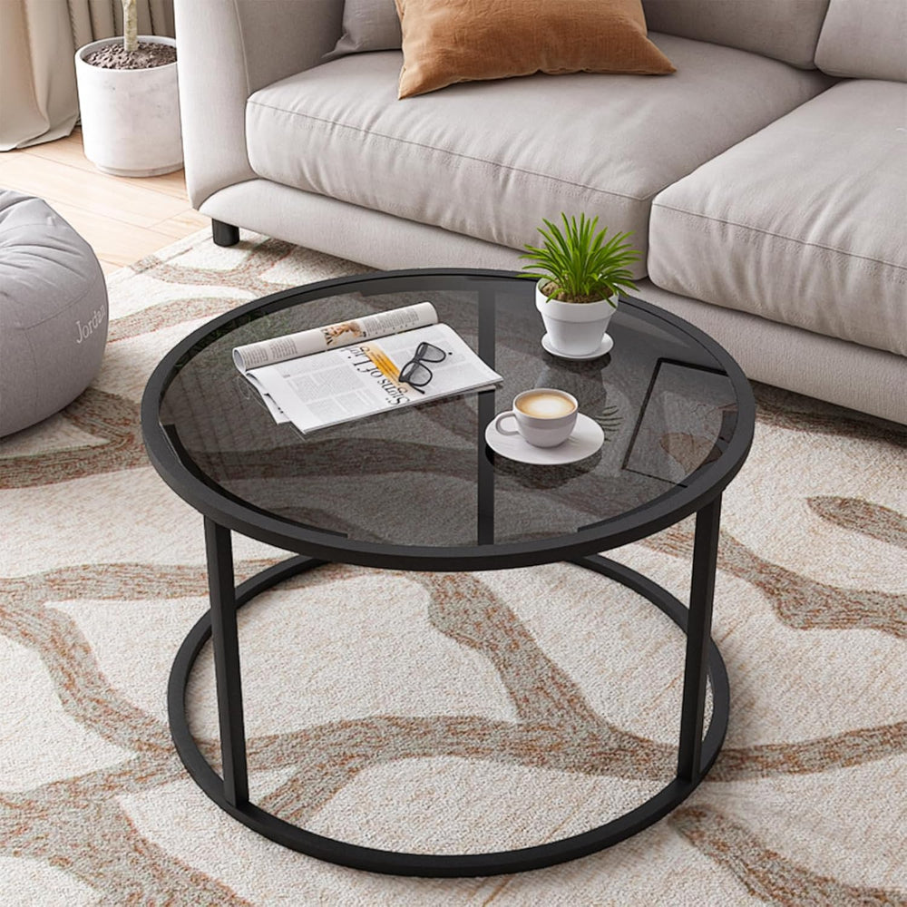Glass Coffee Table Modern Center Table,Minimalist Round Coffee Tea Table,Temp...