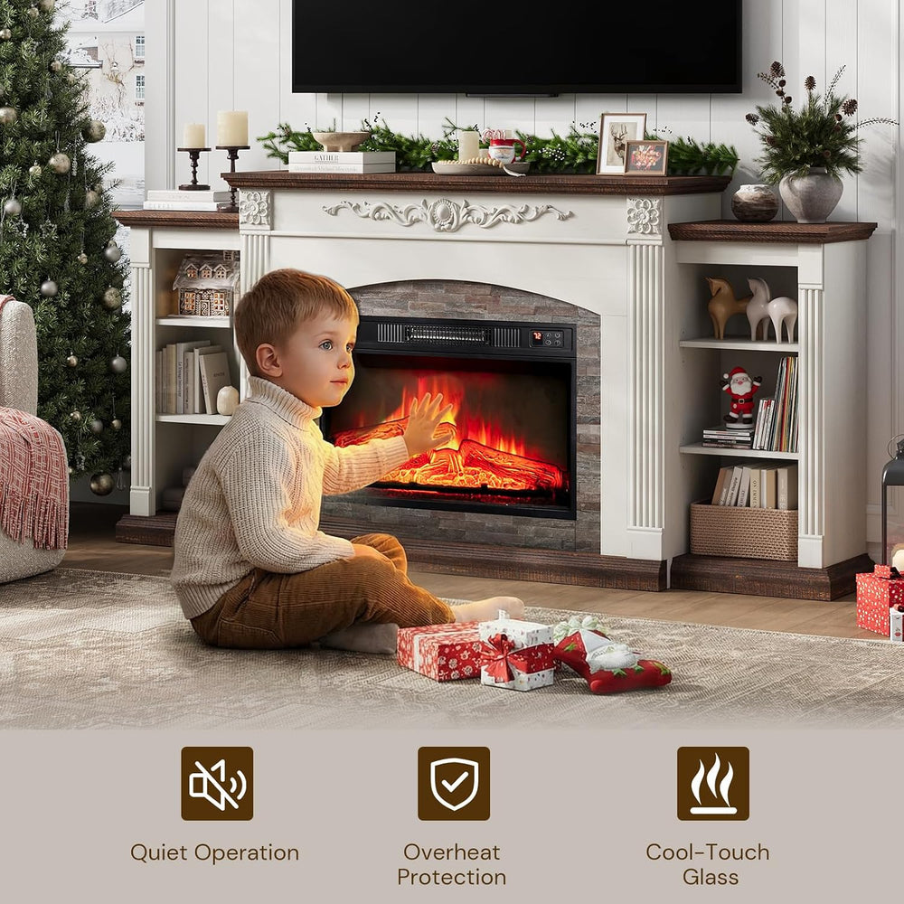 72" Electric Fireplace TV Stand for TVs Up to 85" with Mantel, White