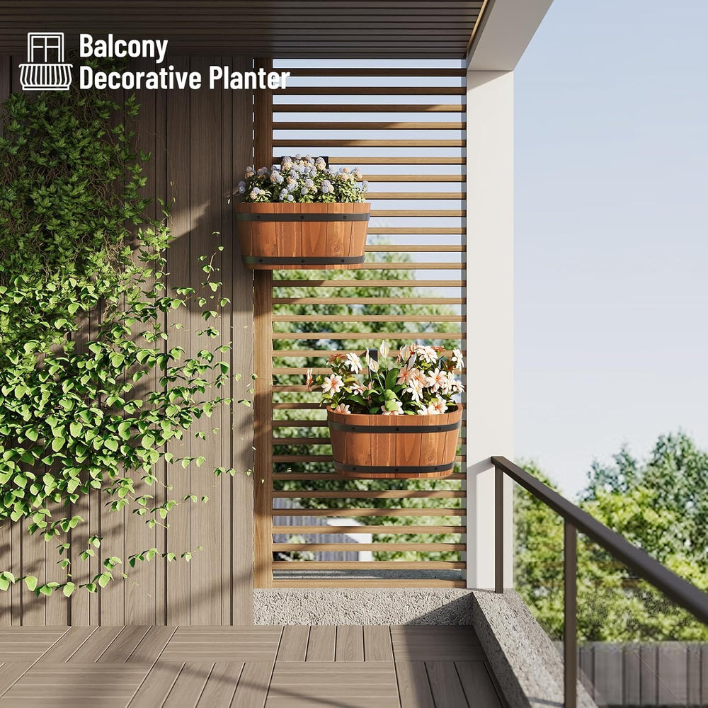 2-Pack Wooden Railing Planters, Hanging Flower Pots with Detachable Hooks for...