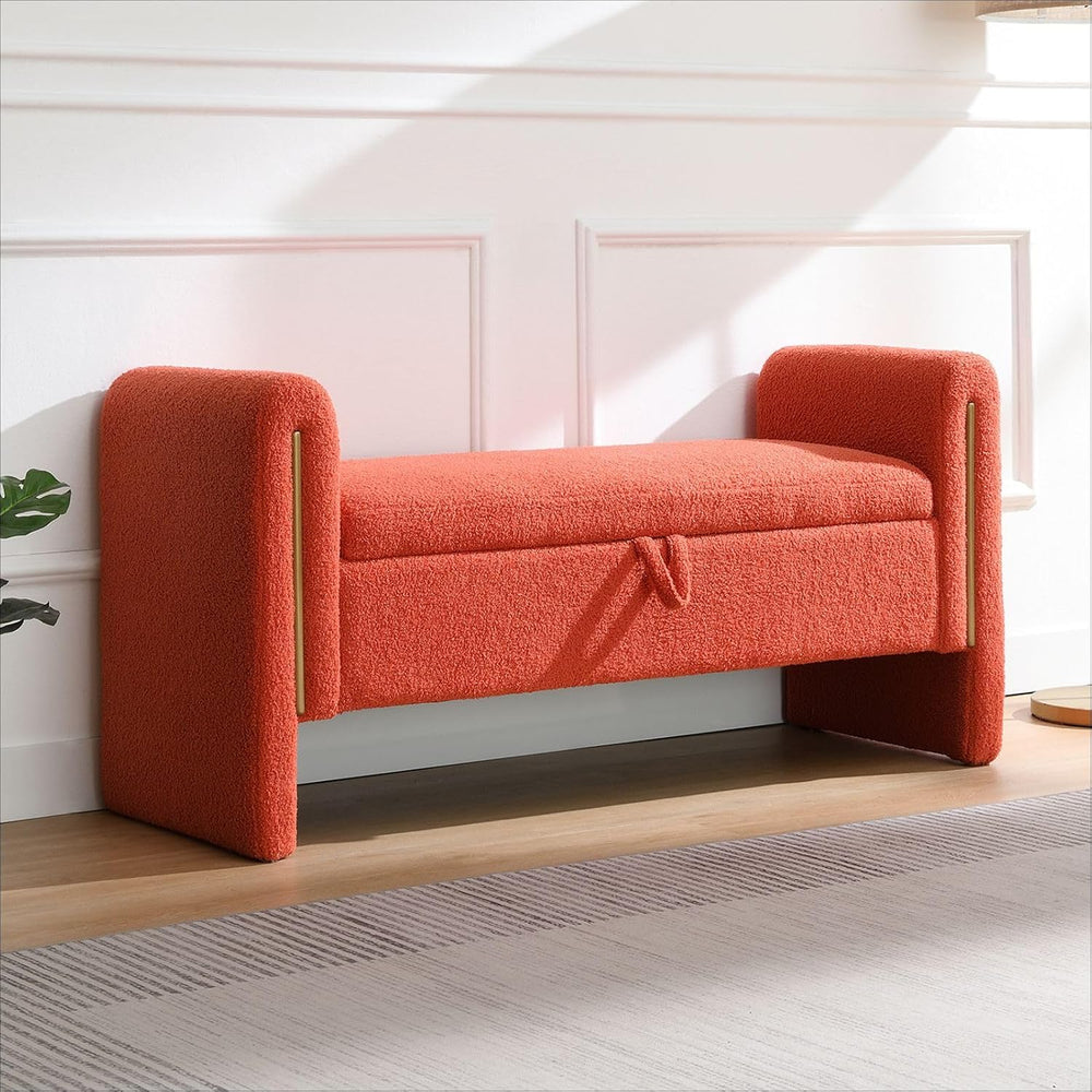 52" Upholstered Storage Bench, Orange, Armrests, Wood Frame