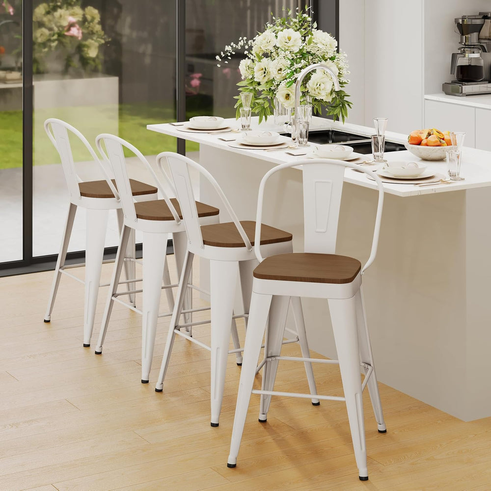 Andeworld Metal Bar Stools Set of 4,24" Counter Height with Backs,Off White