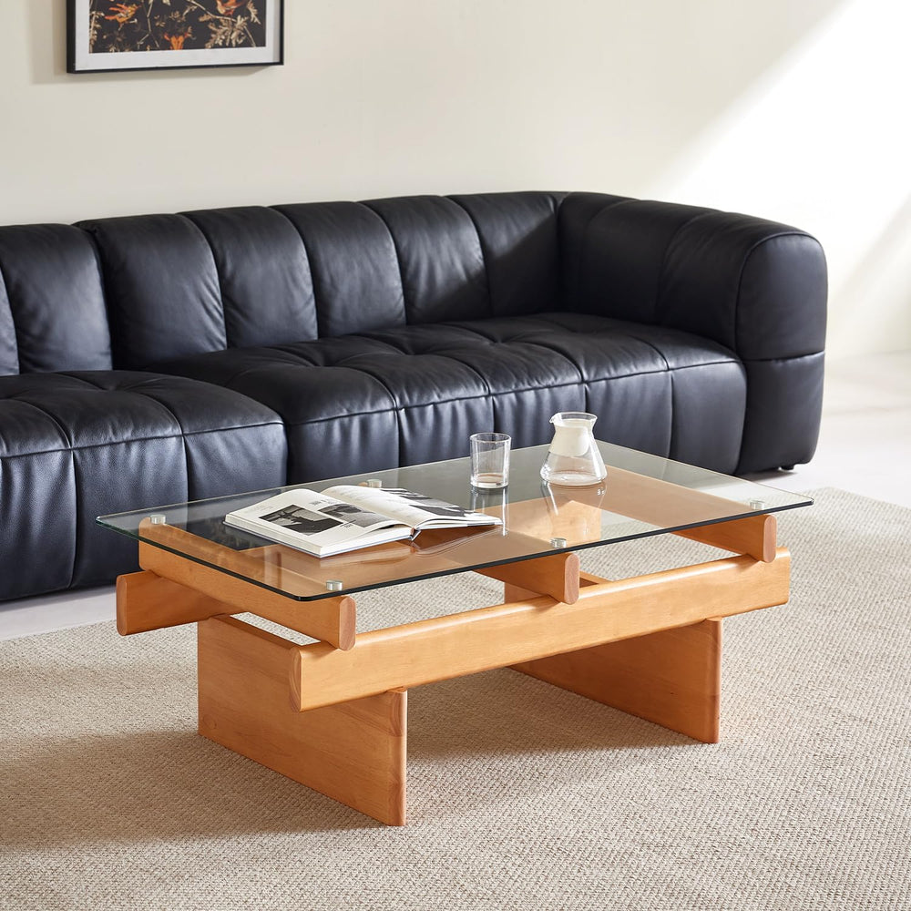 Finekoze Glass Coffee Table for Living Room,100% Solid Wood Coffee Table with...