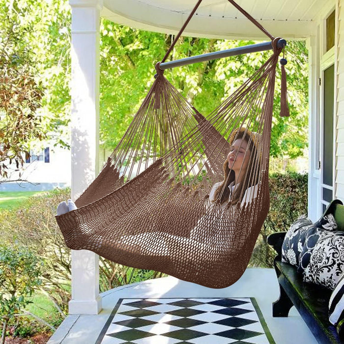 Caribbean Hammock Swing Chair with Spreader Bar, Large Hammock Chair, Hand Craft Rope Hanging Chair Outdoor, Indoor, Bedroom, 330 LBS Weight Capacity, Dark Brown