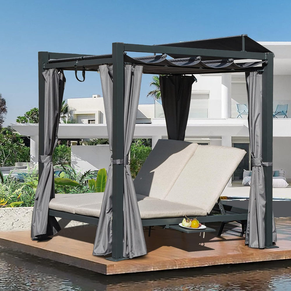 Domi Aluminum Outdoor Patio Daybed with Retractable Canopy Bed, Double Chaise...