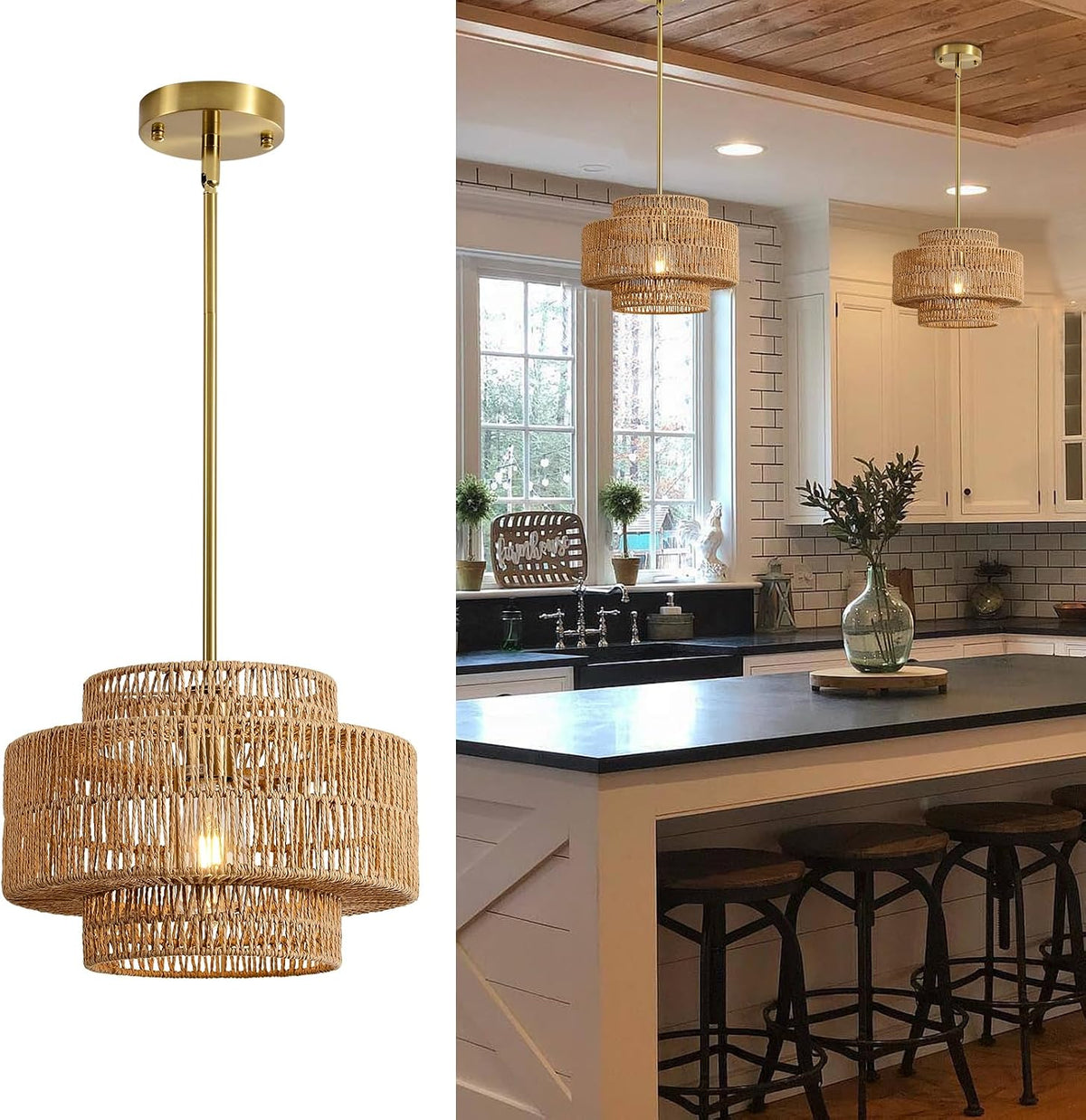12.4" rattan pendant light for kitchen island, boho, main product view