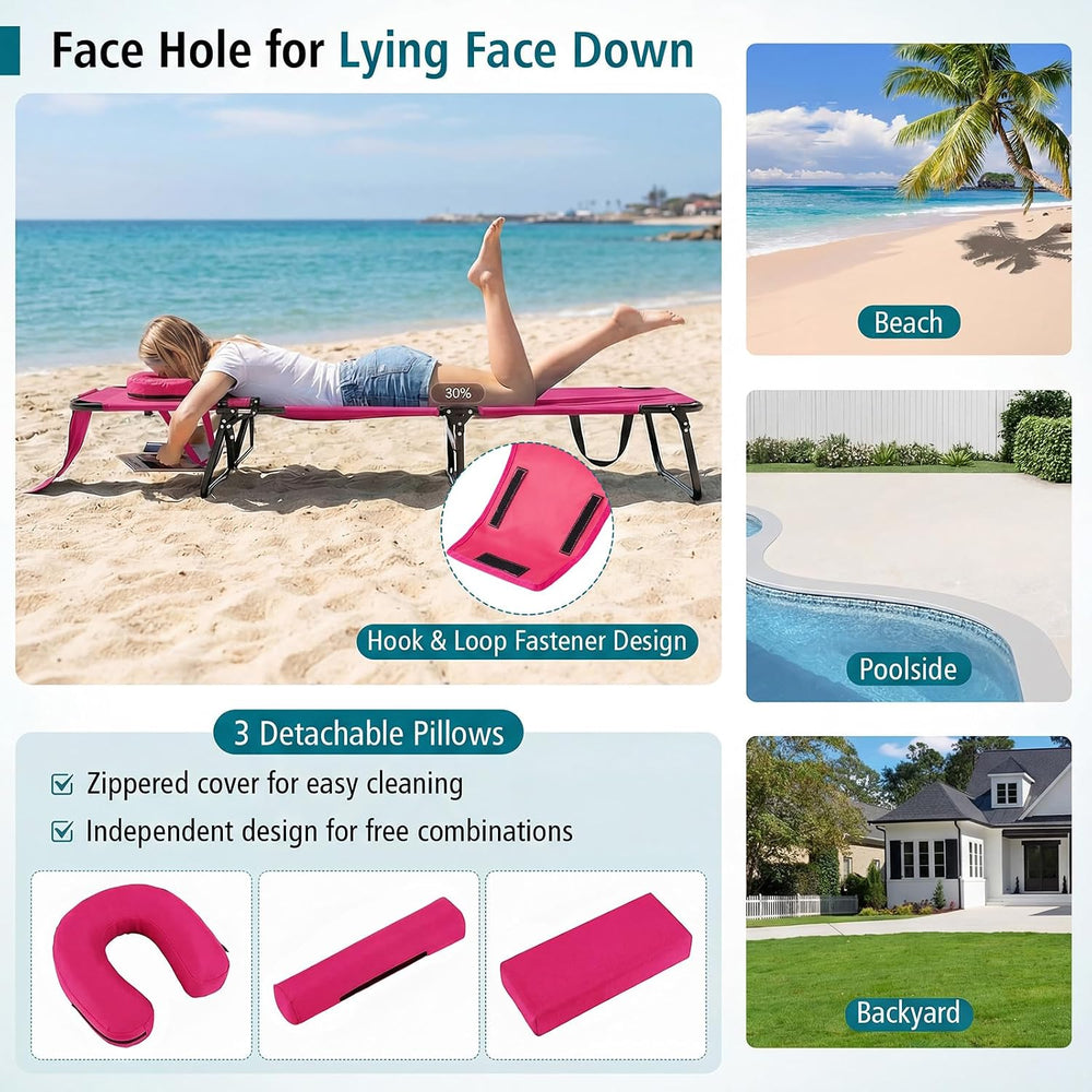 Goplus Tanning Chair, Folding Beach Lounge Chair with Face Hole, Removable Pi...