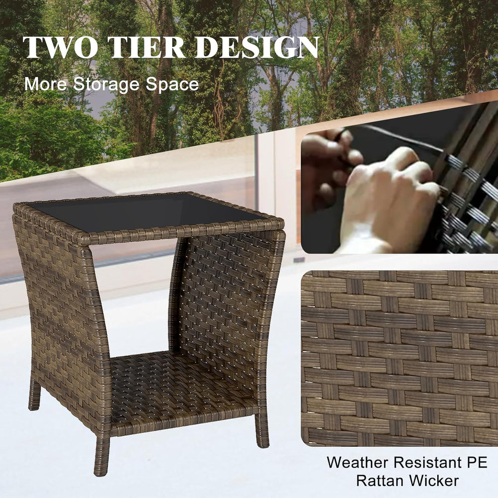 Outdoor Wicker Side Table, Rattan End Table, Glass Top,Patio Garden
