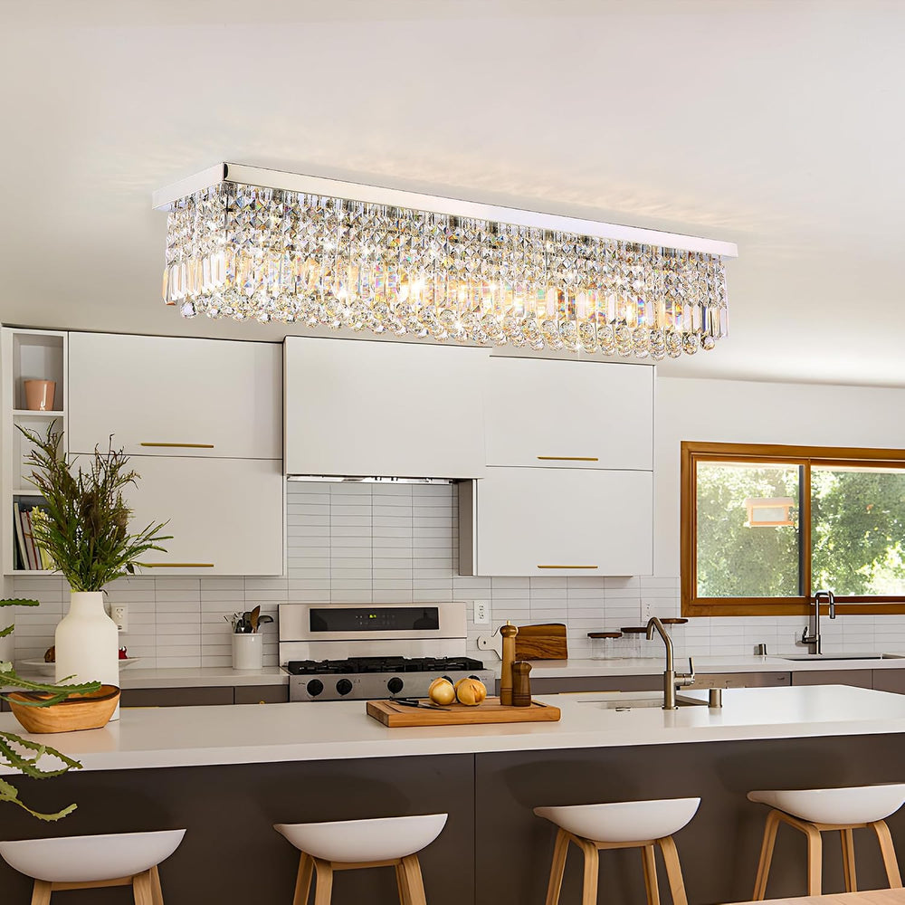 12-Lights Crystal Chandeliers Modern Crystal Rectangular Flush Mount Chandeli...