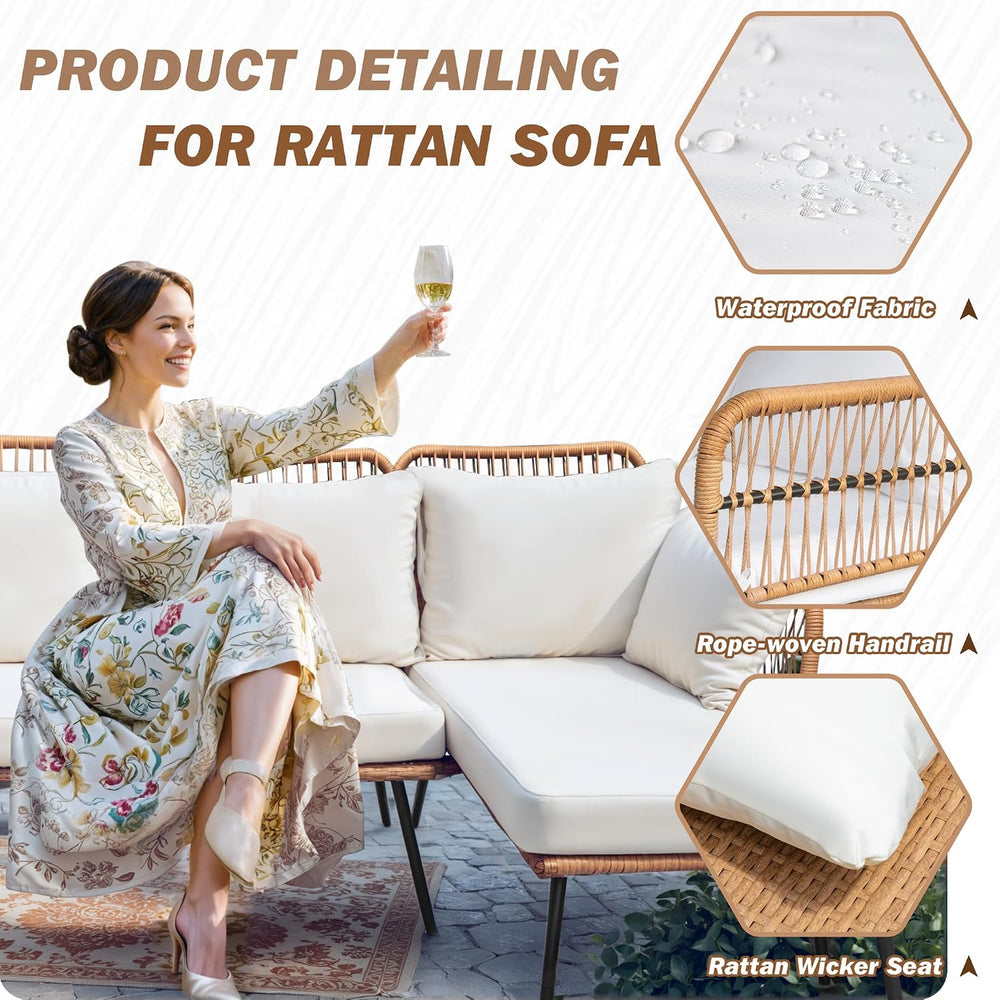 Greesum Outdoor Rope Woven Patio Furniture L-Shaped Conversation Sectional So...