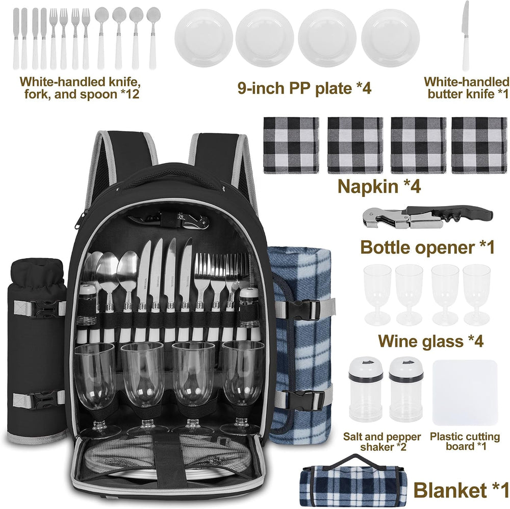 Picnic Backpack for 4 Persons with Insulated Leakproof Cooler Compartment, Cu...