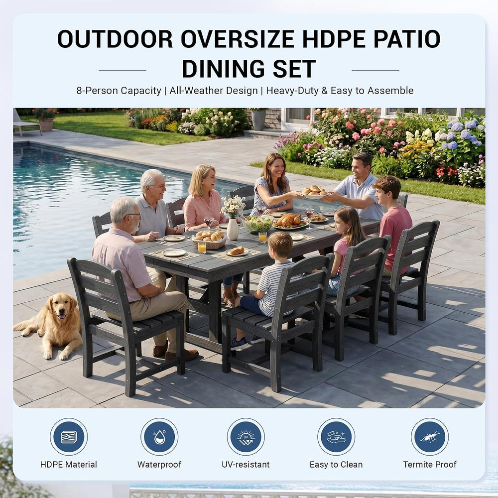 KINGYES Outdoor Dining Set,84'' Table w/Umbrella Hole & Armless C...