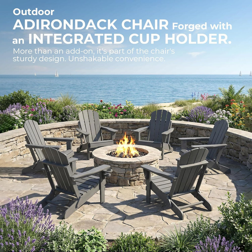 HDPE Adirondack Chair, Folding Outdoor Patio Chair with Cup Holder, Weather R...