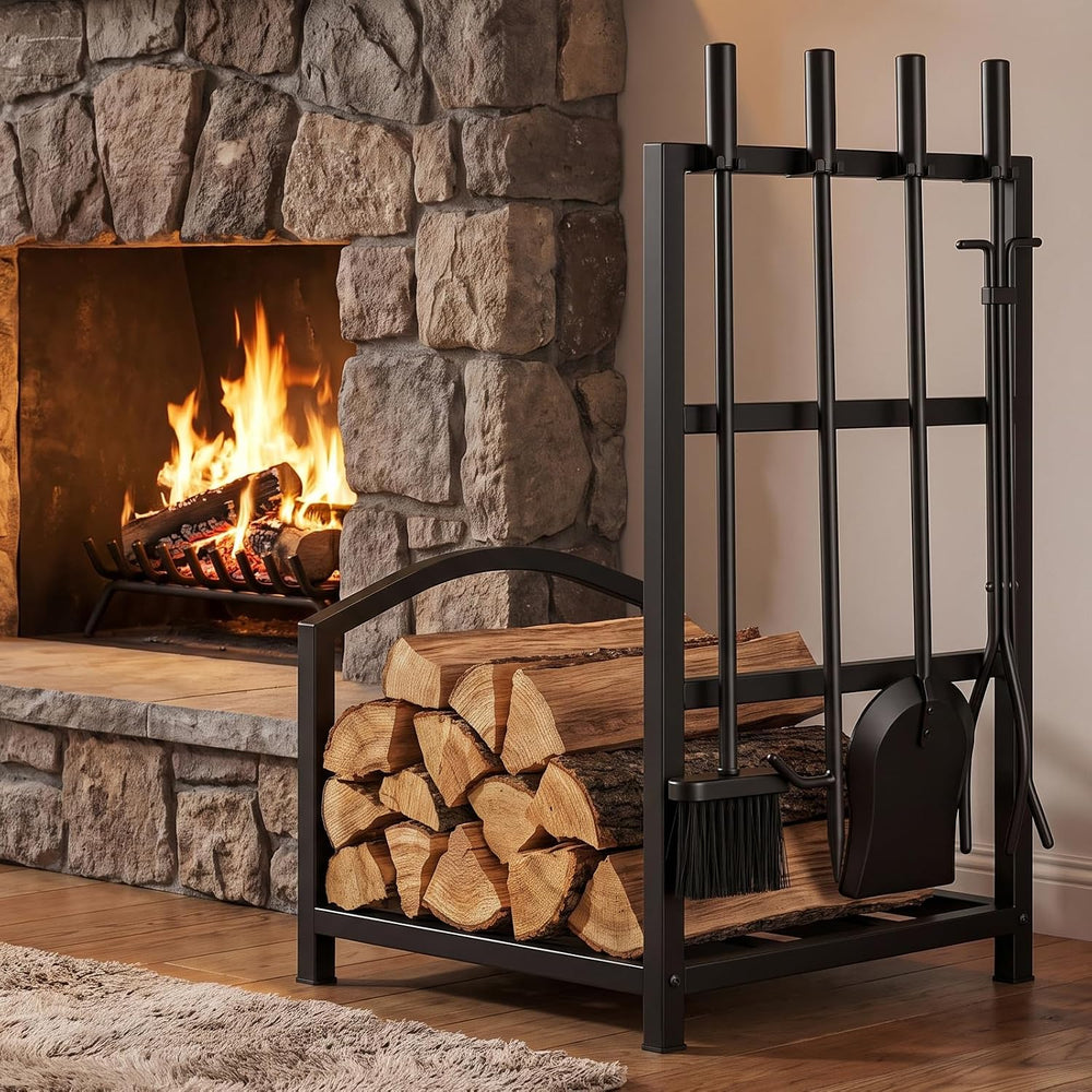 Gtongoko Fireplace Tools Set with Log Rack Holder, Heavy-Duty Steel Frame