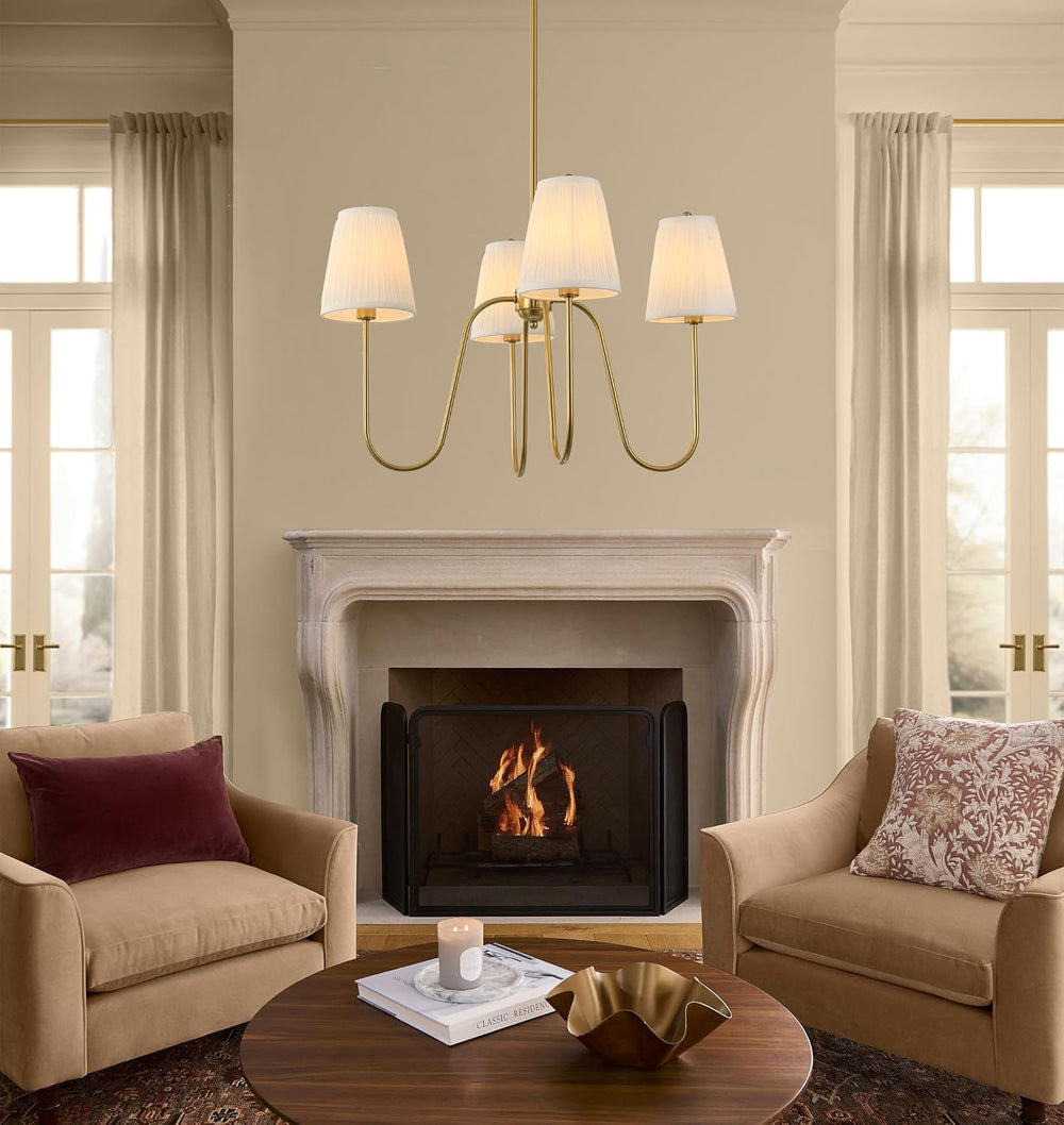 Electro bp;27"Dia 4-Arm White Pleated Fabric Shade Chandelier Polished Gold