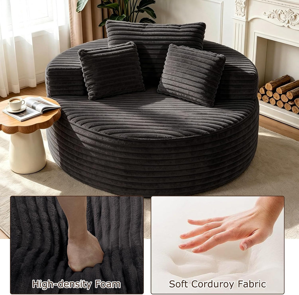 Oversized Round Chaise Longue Chair Indoor, Modern 55-inch Upholstered Cordur...