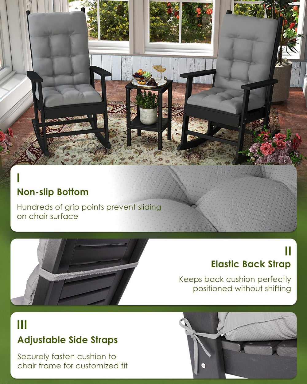 GREENVINES Outdoor Rocking Chair Cushions Set of 2, Polyester, Grey
