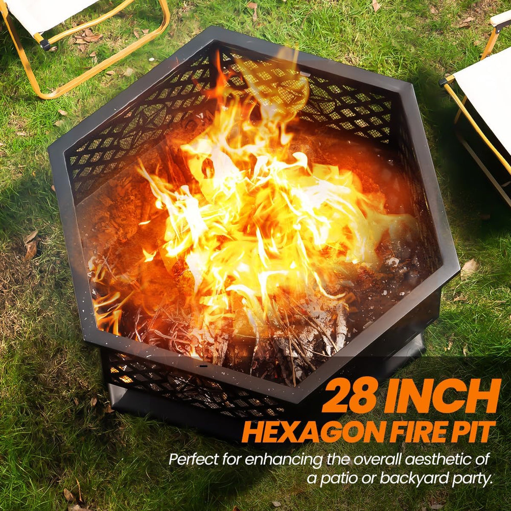 Panovue 28 Inch Hexagonal Fire Pit with Spark Screen&Fire Poker Black