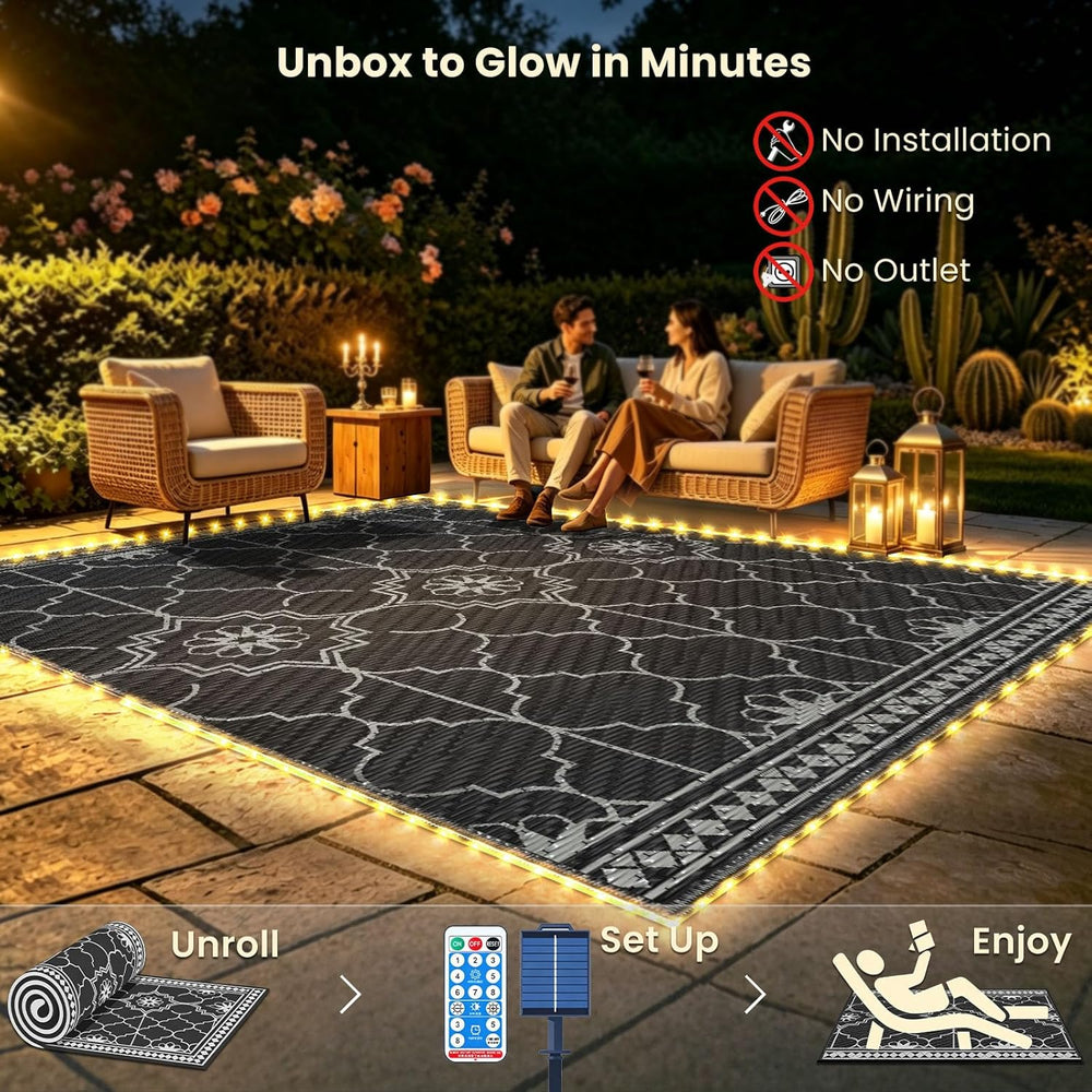8x10Ft Outdoor Rug, Solar Powered Outdoor Rug with 113LEDs Strip Lights for H...