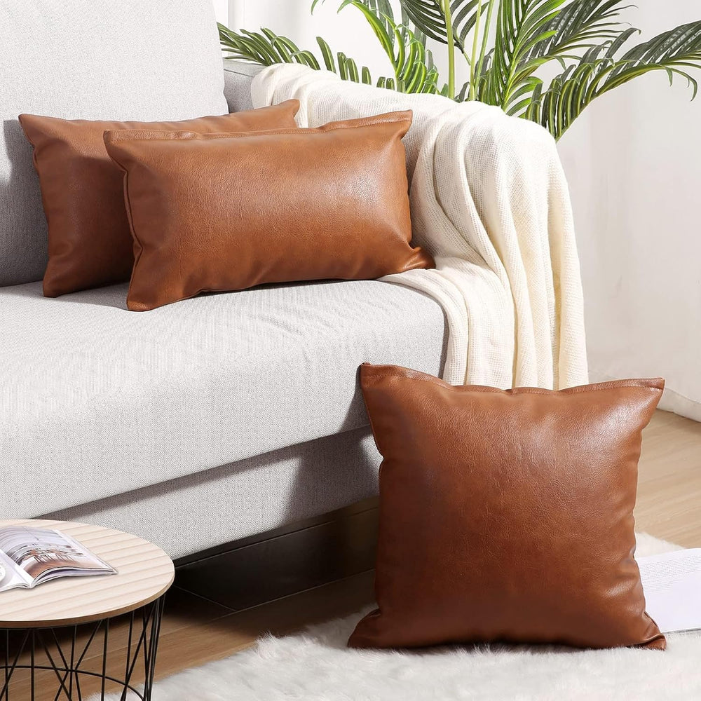 Yaertun Set of 2 Faux Leather Decorative Throw Pillow Covers Modern Solid Out...